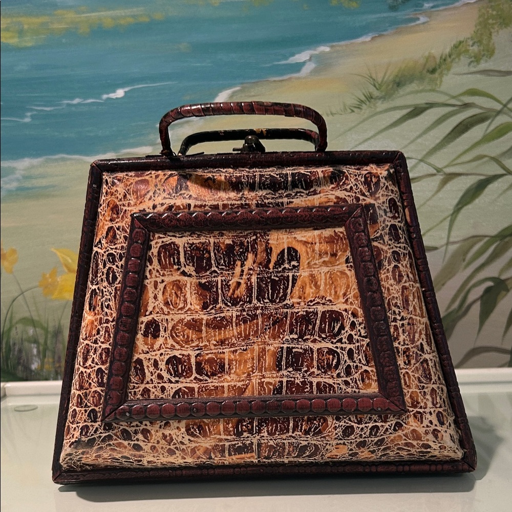 Vintage Faux Croc-Embossed Trapezoid Top-Handle Wood Bag in Brown - Picture 3 of 11